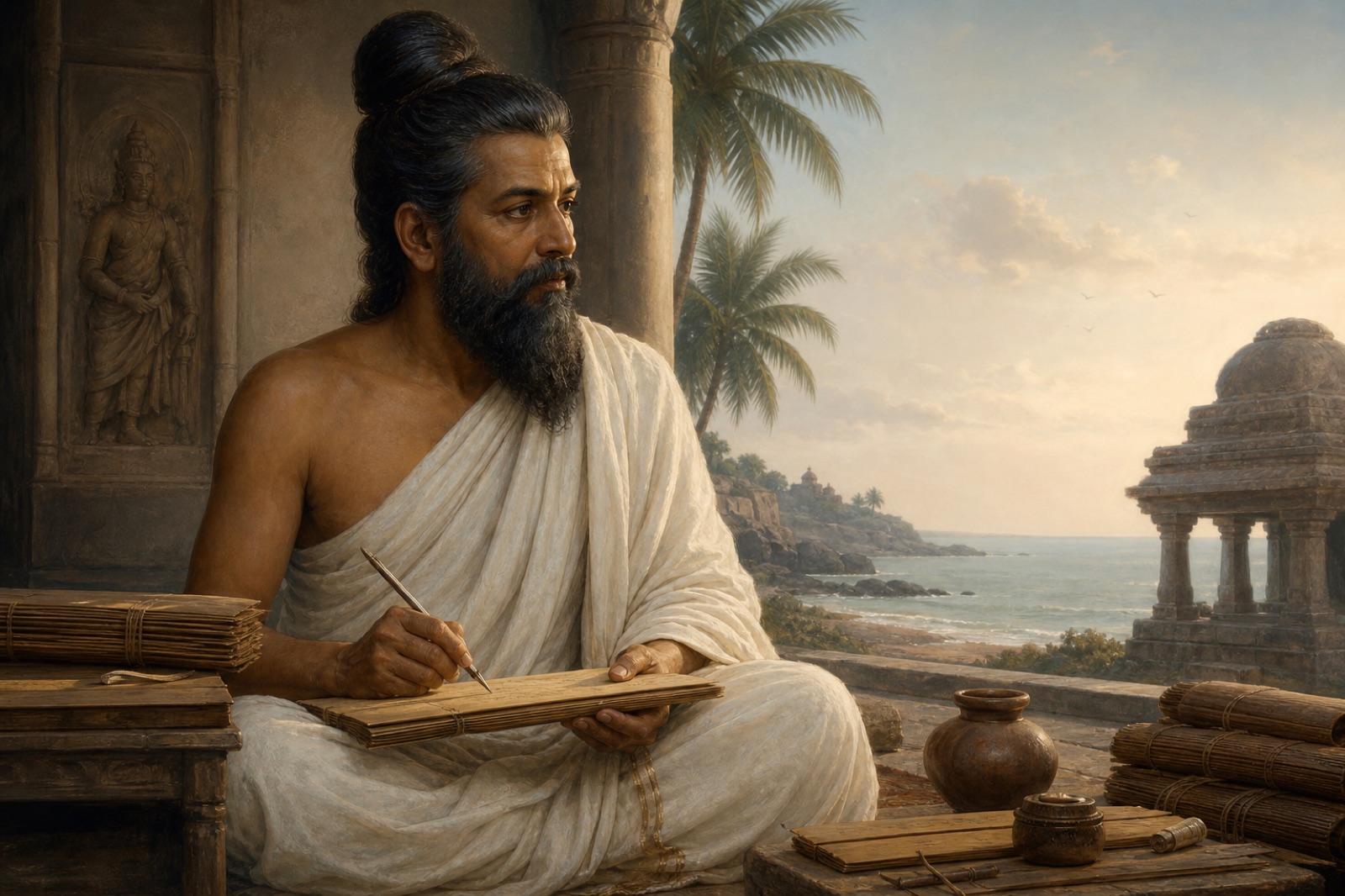 ஓலைச்சுவடியில் எழுதும் திருவள்ளுவரைக் குறிக்கும் கற்பனைக் கலைப்படைப்பு